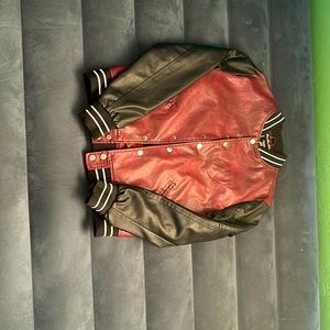 Burgundy and black leather bomber jacket